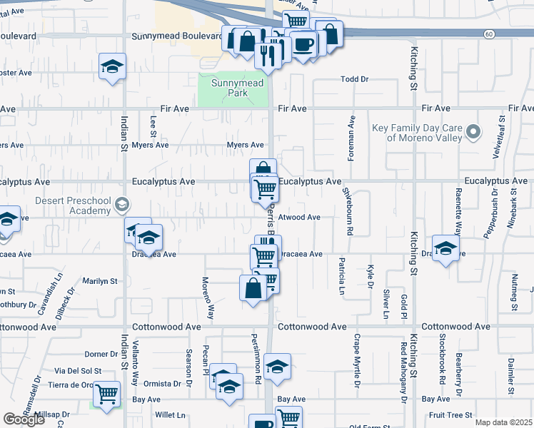 map of restaurants, bars, coffee shops, grocery stores, and more near 110 Atwood Avenue in Moreno Valley