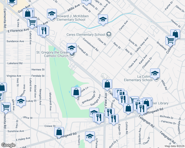 map of restaurants, bars, coffee shops, grocery stores, and more near 14105 Honeysuckle Lane in Whittier