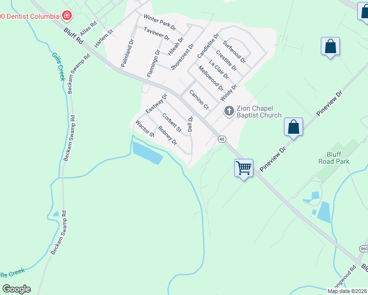 map of restaurants, bars, coffee shops, grocery stores, and more near 2951 Dell Drive in Columbia