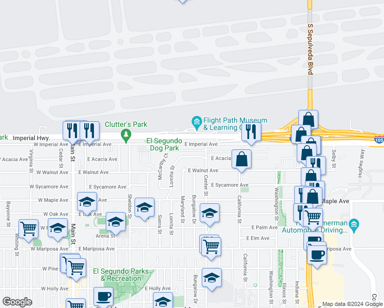 map of restaurants, bars, coffee shops, grocery stores, and more near 1025 East Acacia Avenue in El Segundo