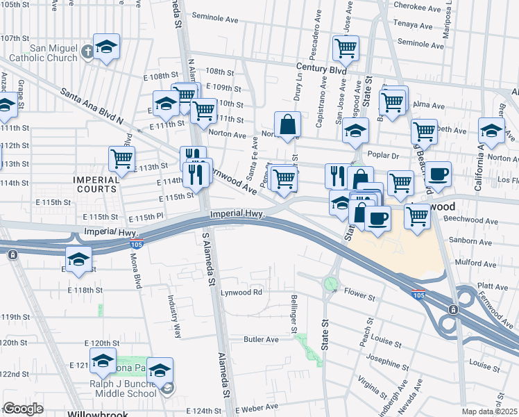 map of restaurants, bars, coffee shops, grocery stores, and more near 2700-2724 Imperial Hwy in Lynwood