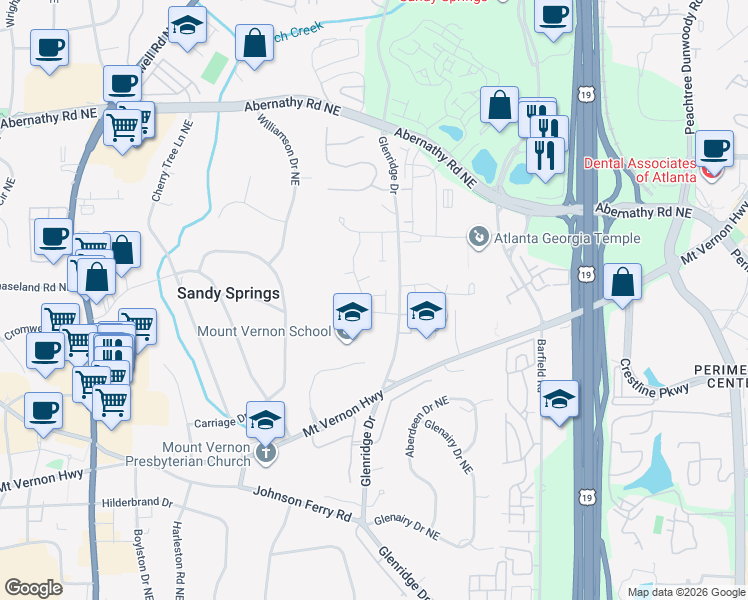 map of restaurants, bars, coffee shops, grocery stores, and more near 6398 Lucent Lane in Sandy Springs