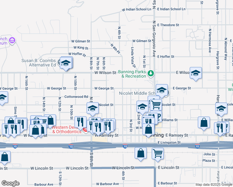 map of restaurants, bars, coffee shops, grocery stores, and more near 513 North 4th Street in Banning
