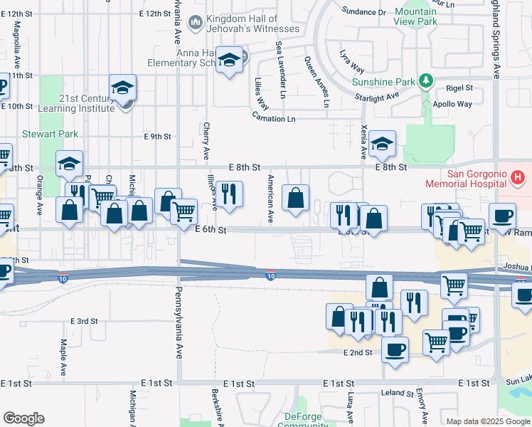 map of restaurants, bars, coffee shops, grocery stores, and more near 635 American Avenue in Beaumont