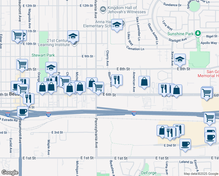 map of restaurants, bars, coffee shops, grocery stores, and more near 645 Illinois Avenue in Beaumont