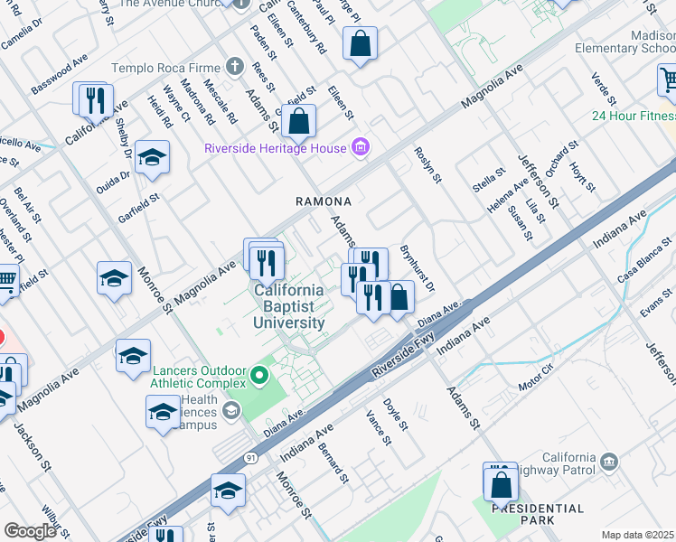 map of restaurants, bars, coffee shops, grocery stores, and more near 3668 Adams Street in Riverside