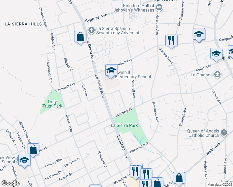 map of restaurants, bars, coffee shops, grocery stores, and more near 5419 Passero Avenue in Riverside