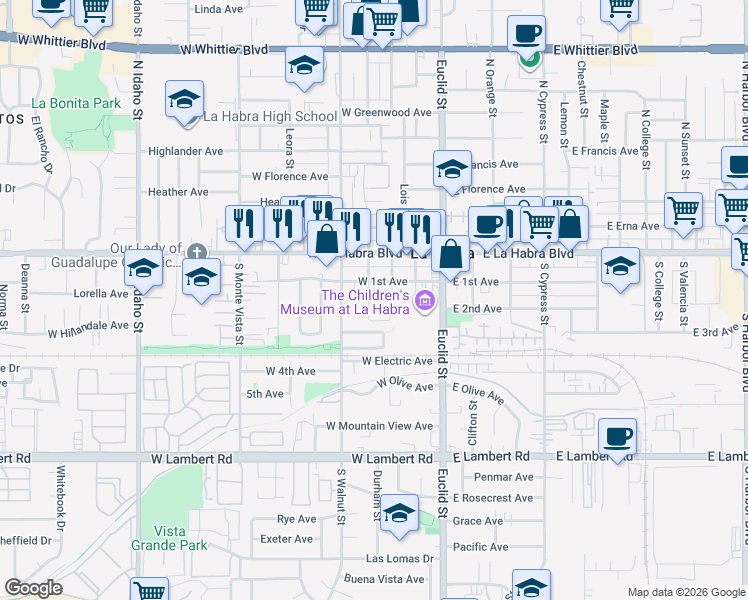 map of restaurants, bars, coffee shops, grocery stores, and more near 221 South Hazel Street in La Habra