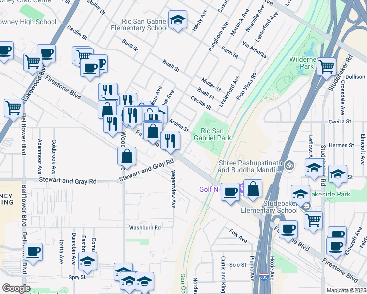map of restaurants, bars, coffee shops, grocery stores, and more near 11121 Newville Avenue in Downey
