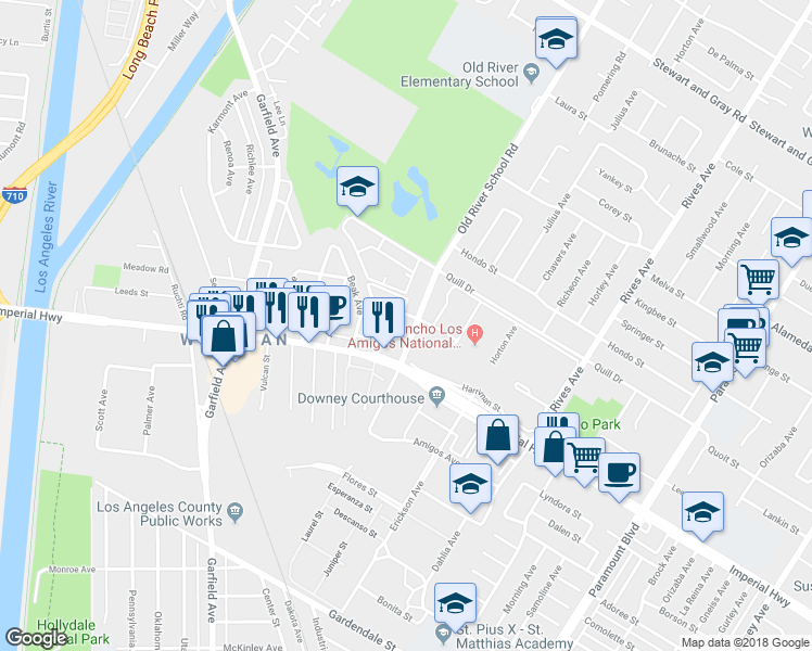 map of restaurants, bars, coffee shops, grocery stores, and more near 12531 Old River School Road in Downey