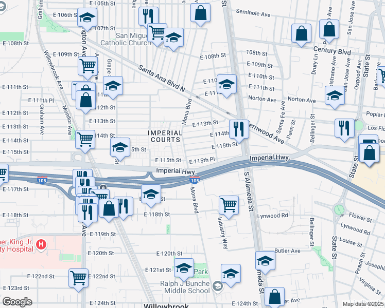 map of restaurants, bars, coffee shops, grocery stores, and more near 2411 East 115th Place in Los Angeles
