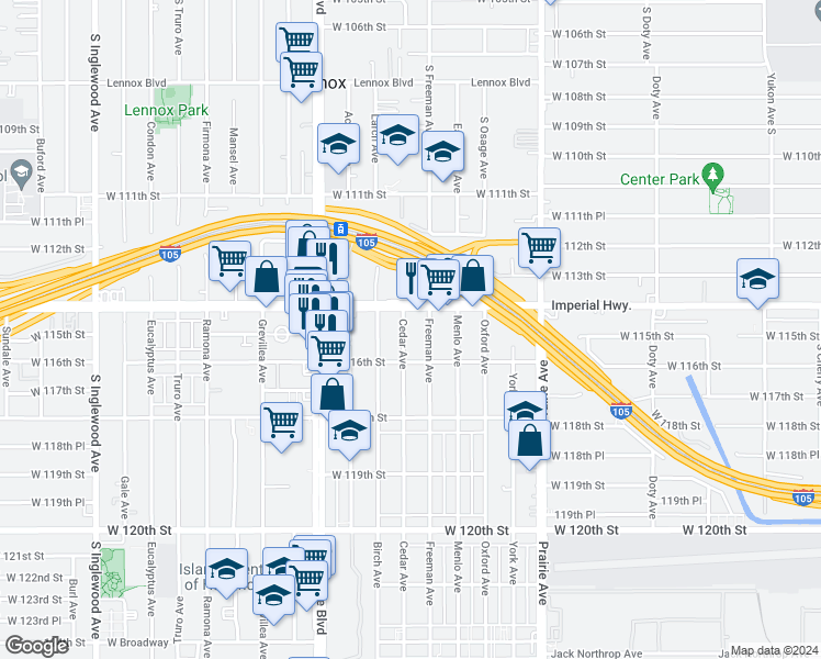 map of restaurants, bars, coffee shops, grocery stores, and more near 11447 Freeman Avenue in Hawthorne
