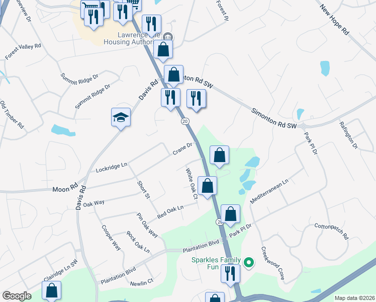 map of restaurants, bars, coffee shops, grocery stores, and more near 348 Crane Drive in Lawrenceville