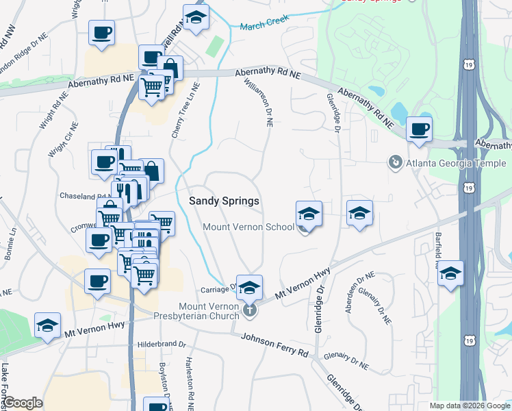 map of restaurants, bars, coffee shops, grocery stores, and more near 455 Bridges Creek Trail Northeast in Atlanta