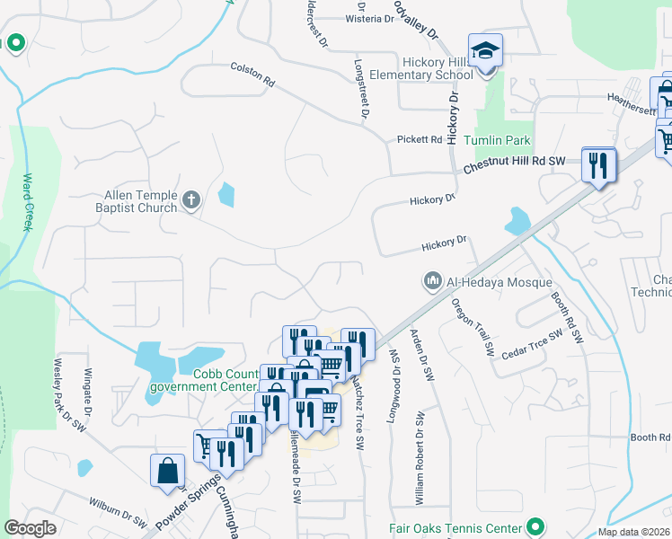 map of restaurants, bars, coffee shops, grocery stores, and more near 550 Laurel Wood Court in Marietta