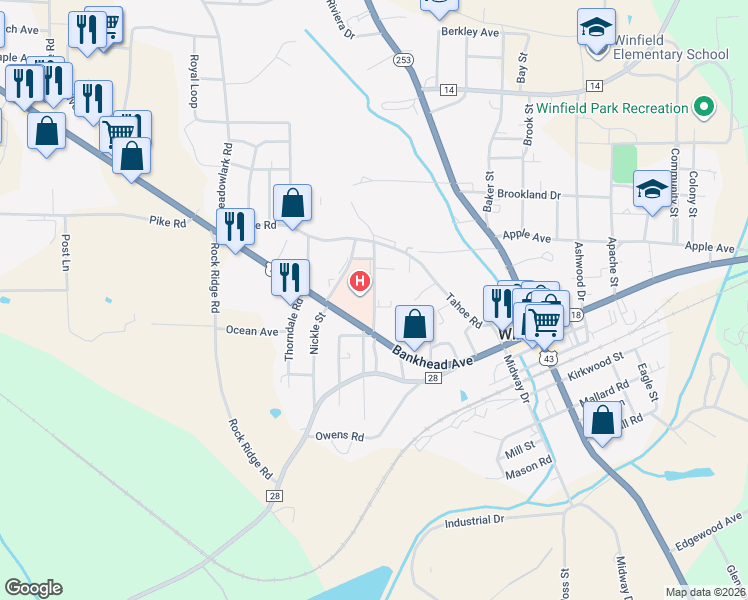 map of restaurants, bars, coffee shops, grocery stores, and more near 186 Medical Drive in Winfield
