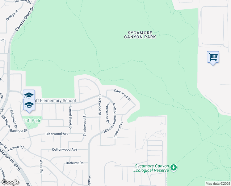 map of restaurants, bars, coffee shops, grocery stores, and more near 6645 Darkwood Drive in Riverside