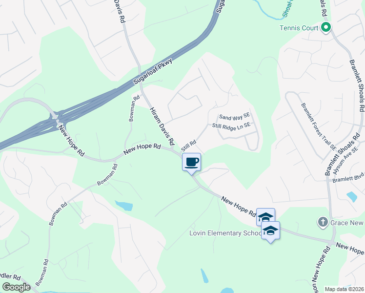 map of restaurants, bars, coffee shops, grocery stores, and more near 1426 Hiram Davis Road in Lawrenceville