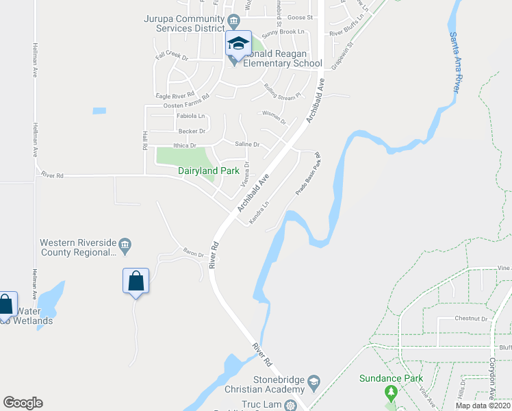 map of restaurants, bars, coffee shops, grocery stores, and more near 8675 Kendra Lane in Corona