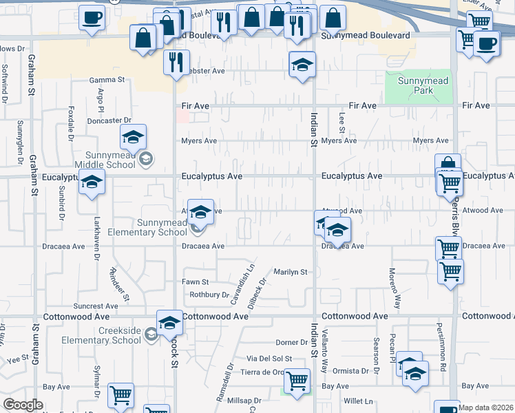 map of restaurants, bars, coffee shops, grocery stores, and more near 24286 Atwood Avenue in Moreno Valley