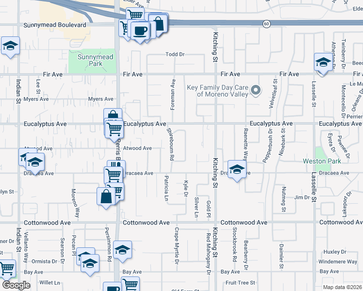 map of restaurants, bars, coffee shops, grocery stores, and more near 13097 Thistle Brook Drive in Moreno Valley