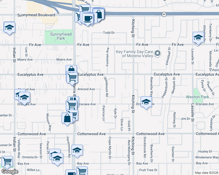 map of restaurants, bars, coffee shops, grocery stores, and more near 13097 Thistle Brook Drive in Moreno Valley