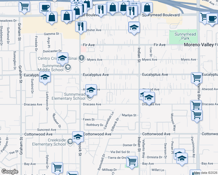 map of restaurants, bars, coffee shops, grocery stores, and more near 123 Atwood Avenue in Moreno Valley