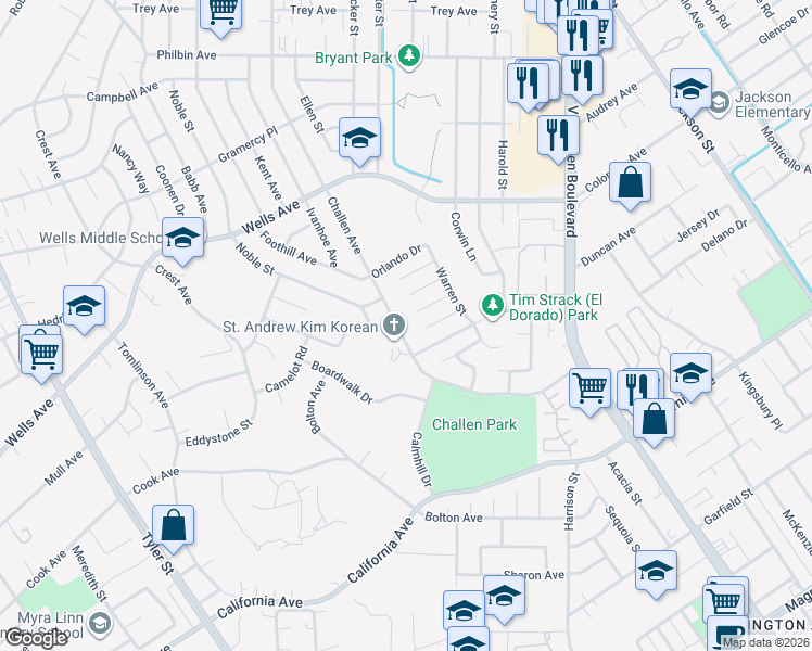 map of restaurants, bars, coffee shops, grocery stores, and more near 4755 Challen Avenue in Riverside