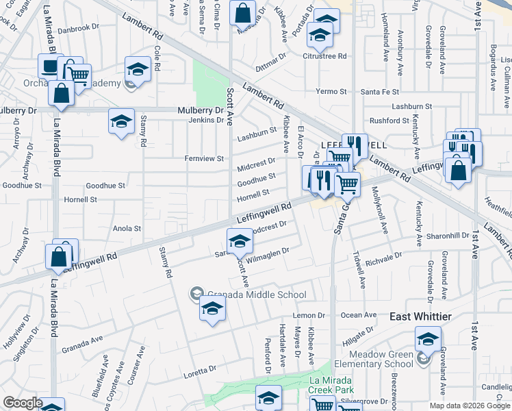 map of restaurants, bars, coffee shops, grocery stores, and more near 15461 Leffingwell Road in Whittier
