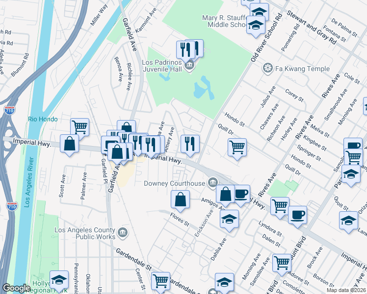 map of restaurants, bars, coffee shops, grocery stores, and more near 5921 Leeds Street in South Gate