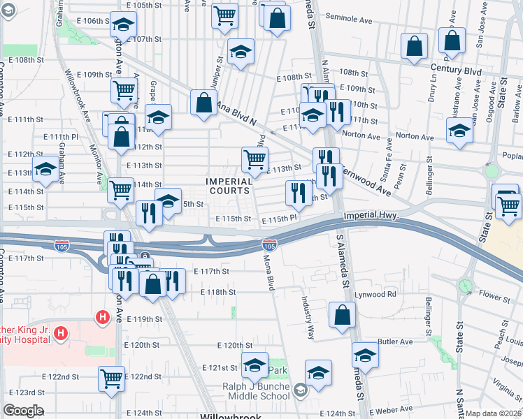 map of restaurants, bars, coffee shops, grocery stores, and more near 2411 East 115th Place in Los Angeles