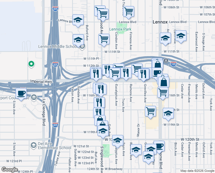 map of restaurants, bars, coffee shops, grocery stores, and more near 11439 Gale Avenue in Hawthorne
