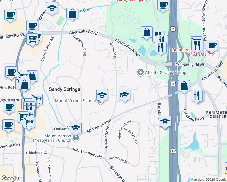map of restaurants, bars, coffee shops, grocery stores, and more near 6381 Radiant Trace in Sandy Springs