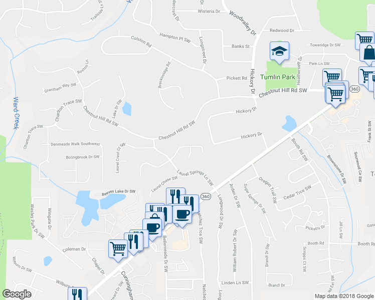 map of restaurants, bars, coffee shops, grocery stores, and more near 550 Laurel Wood Court in Marietta