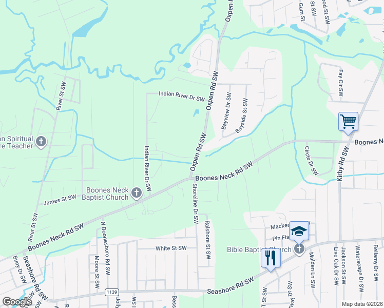 map of restaurants, bars, coffee shops, grocery stores, and more near 2299 Oxpen Road Southwest in Brunswick County