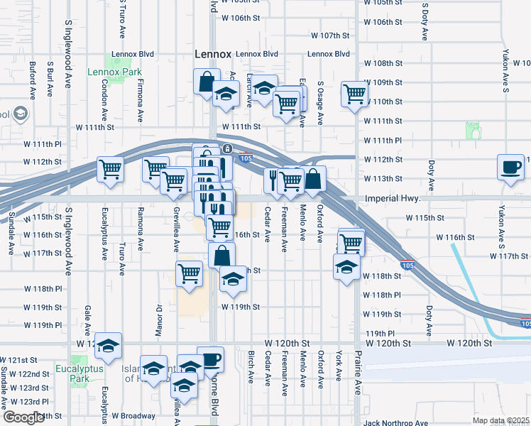 map of restaurants, bars, coffee shops, grocery stores, and more near 11431 Cedar Avenue in Hawthorne