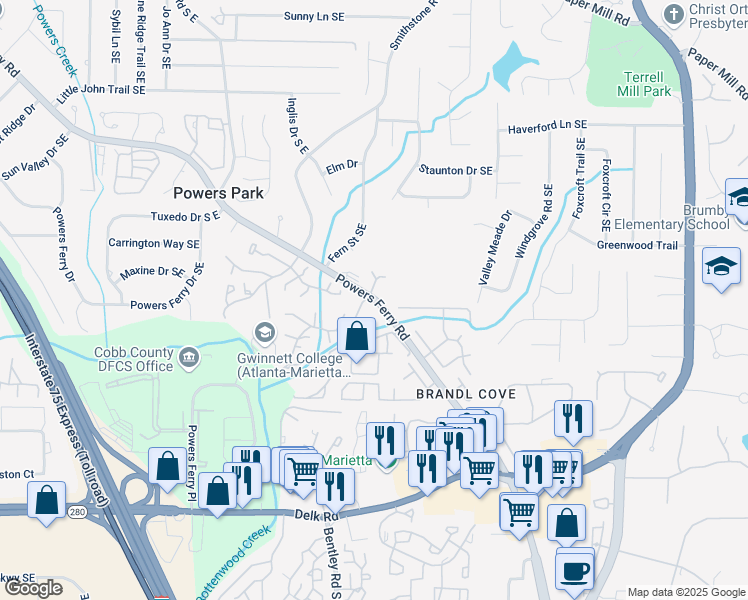 map of restaurants, bars, coffee shops, grocery stores, and more near 899 Powers Ferry Road Southeast in Marietta
