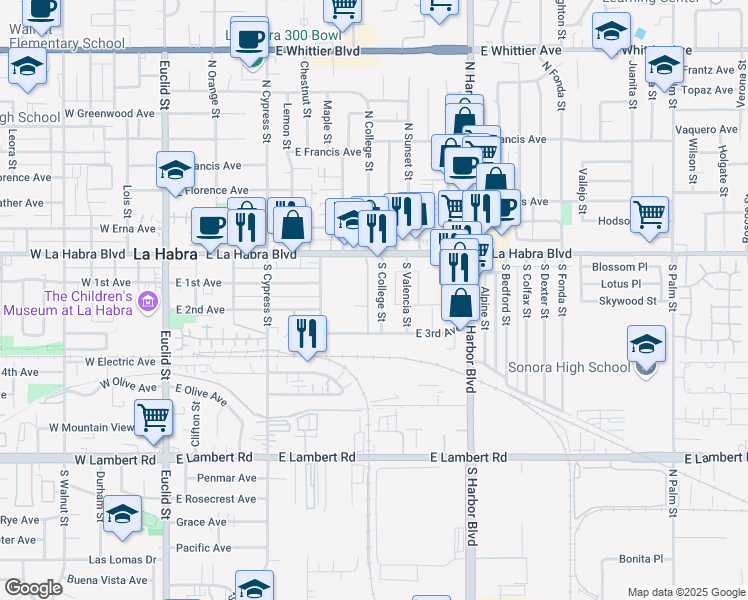 map of restaurants, bars, coffee shops, grocery stores, and more near 217 South College Street in La Habra