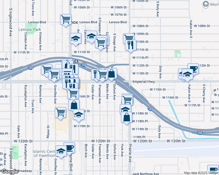 map of restaurants, bars, coffee shops, grocery stores, and more near 11432 Menlo Avenue in Hawthorne