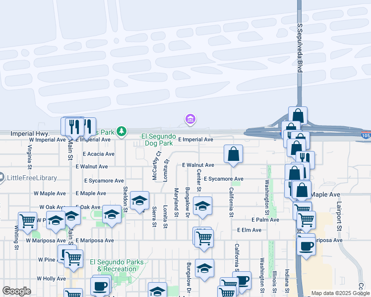 map of restaurants, bars, coffee shops, grocery stores, and more near 1025 East Acacia Avenue in El Segundo
