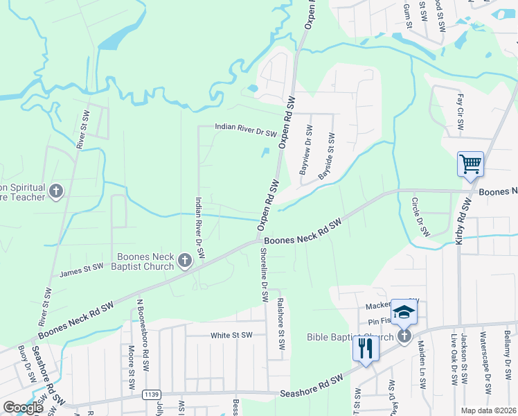 map of restaurants, bars, coffee shops, grocery stores, and more near 2299 Oxpen Road Southwest in Brunswick County