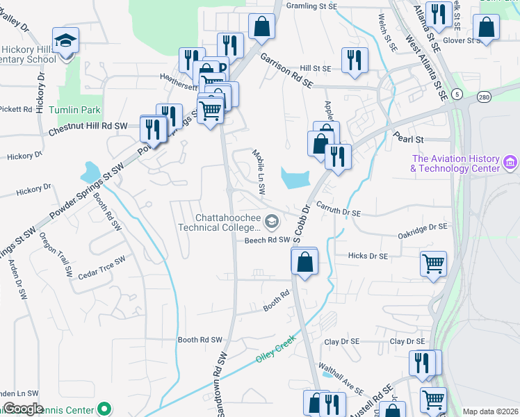 map of restaurants, bars, coffee shops, grocery stores, and more near 551 Haven Drive Southwest in Marietta