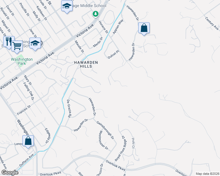 map of restaurants, bars, coffee shops, grocery stores, and more near 6480 Hawarden Drive in Riverside