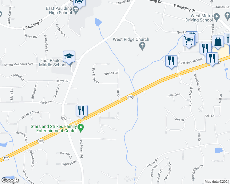 map of restaurants, bars, coffee shops, grocery stores, and more near 57 Fox Drive in Dallas