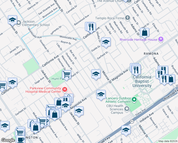 map of restaurants, bars, coffee shops, grocery stores, and more near 3956 Royce Street in Riverside