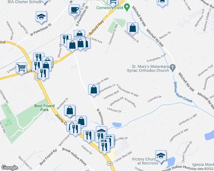 map of restaurants, bars, coffee shops, grocery stores, and more near 679 Winchester Lane in Norcross