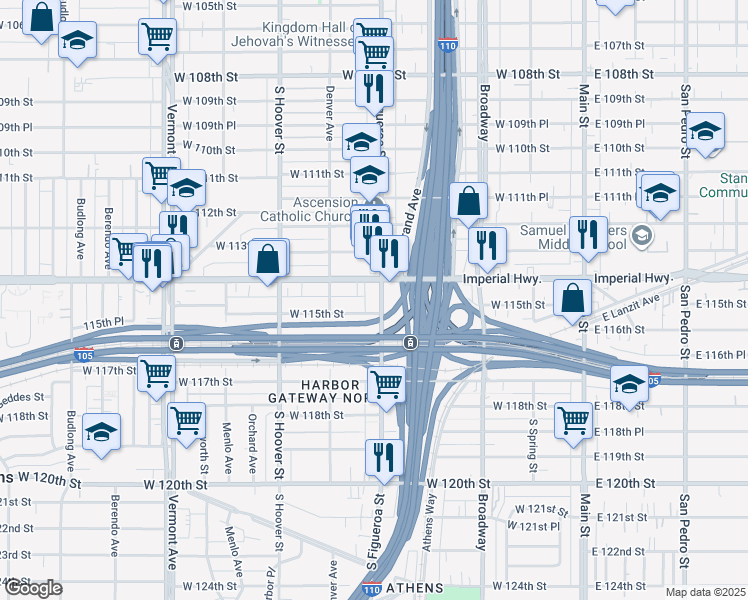 map of restaurants, bars, coffee shops, grocery stores, and more near 11425 South Figueroa Street in Los Angeles