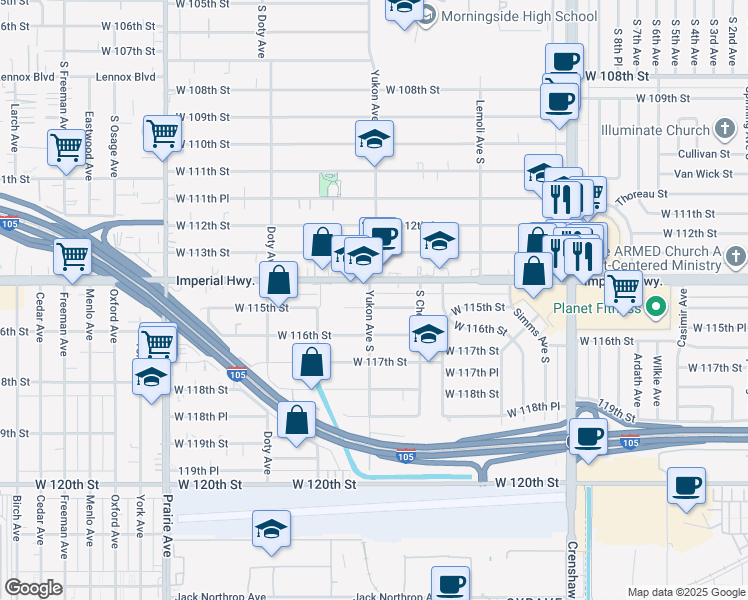 map of restaurants, bars, coffee shops, grocery stores, and more near 3545 West 115th Street in Inglewood