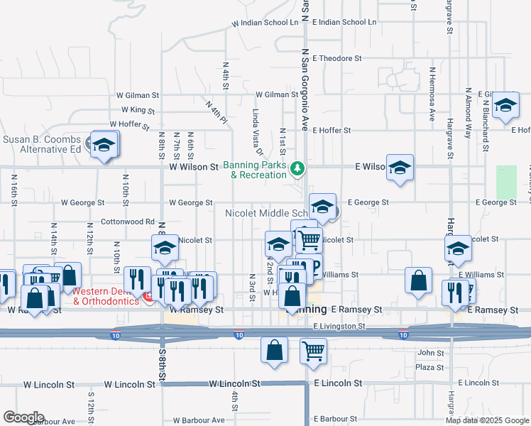 map of restaurants, bars, coffee shops, grocery stores, and more near 545 North 2nd Street in Banning