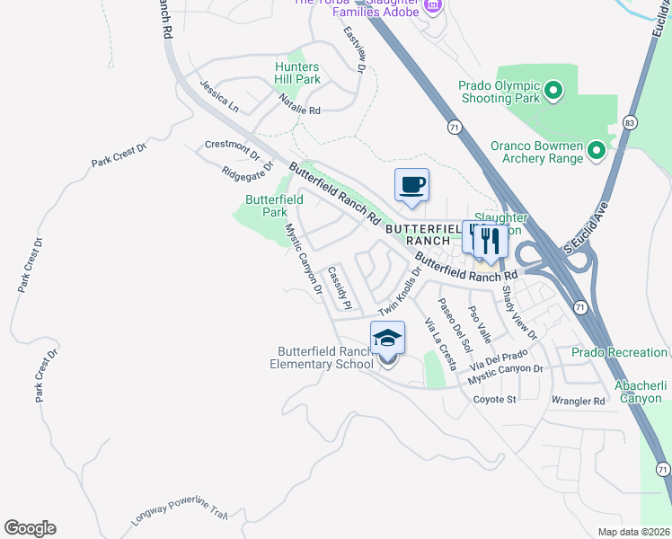 map of restaurants, bars, coffee shops, grocery stores, and more near 17821 Cassidy Place in Chino Hills
